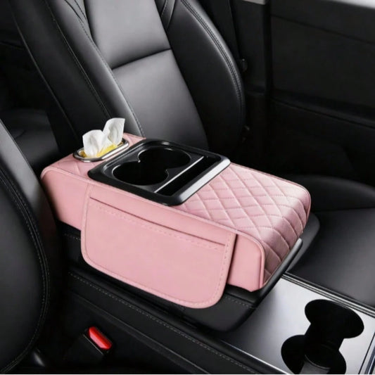 2.95in Black Car Armrest Cushion Leather Center Console Covers 5-In-1 Armrest Organizer With Storage Box,Tissue Box,Cup Holder,Phone Slot, Middle Console Cover Cushion Pad Car Interior Organizers Long