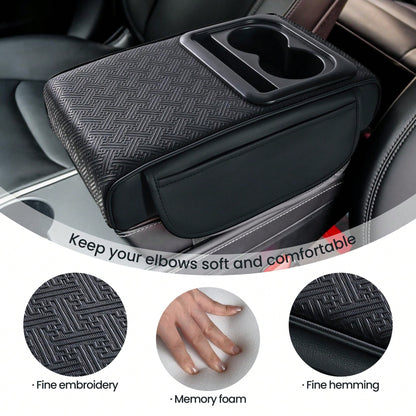 2.95in Black Car Armrest Cushion Leather Center Console Covers 5-In-1 Armrest Organizer With Storage Box,Tissue Box,Cup Holder,Phone Slot, Middle Console Cover Cushion Pad Car Interior Organizers Long