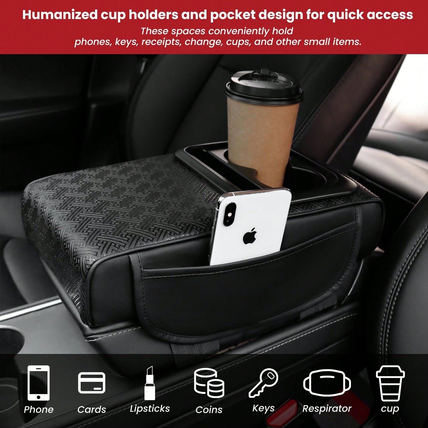 2.95in Black Car Armrest Cushion Leather Center Console Covers 5-In-1 Armrest Organizer With Storage Box,Tissue Box,Cup Holder,Phone Slot, Middle Console Cover Cushion Pad Car Interior Organizers Long