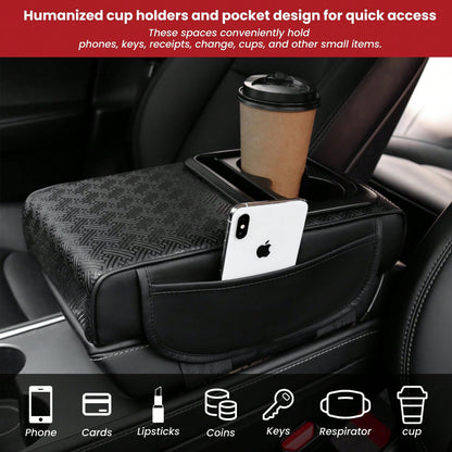 2.95in Black Car Armrest Cushion Leather Center Console Covers 5-In-1 Armrest Organizer With Storage Box,Tissue Box,Cup Holder,Phone Slot, Middle Console Cover Cushion Pad Car Interior Organizers Long