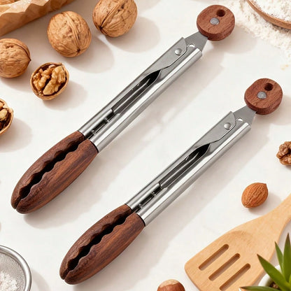 2 Pack 9 Inch Walnut Wood Cooking Tongs With Stainless Steel Tips Non Slip Ergonomic Handle For Grilling BBQ Salad Serving Kitchen Cooking Food Prep And Meal Prep