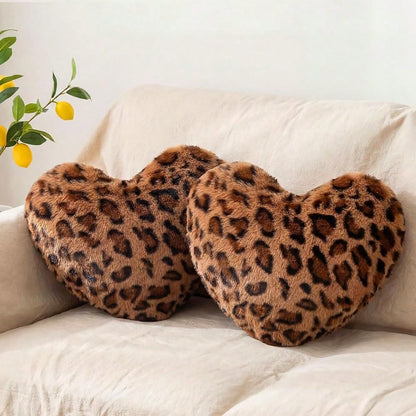 2 Pack Leopard Throw Pillows, Small Heart Shaped Wedding Decor| Cheetah Print Pillows, Faux Rabbit Fur, Anniversary Use, Vintage Room Gift & Decoration, 13 X 10 Inch
