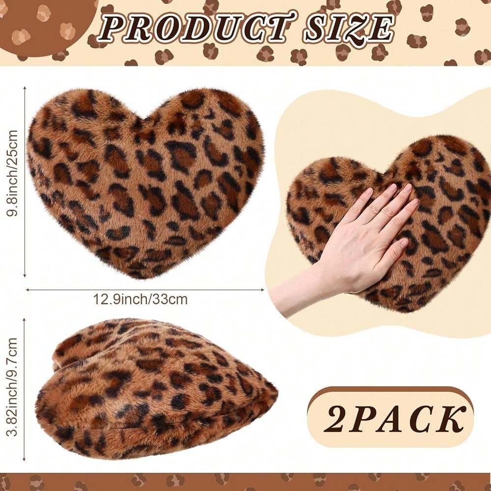2 Pack Leopard Throw Pillows, Small Heart Shaped Wedding Decor| Cheetah Print Pillows, Faux Rabbit Fur, Anniversary Use, Vintage Room Gift & Decoration, 13 X 10 Inch