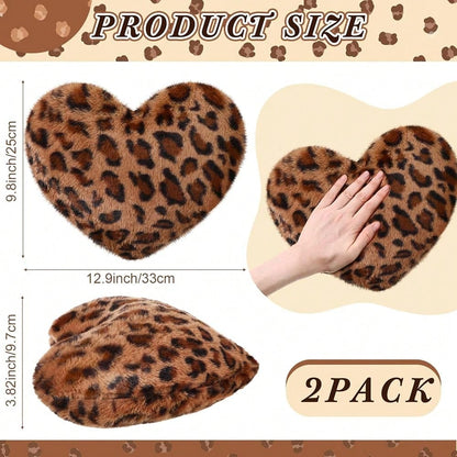 2 Pack Leopard Throw Pillows, Small Heart Shaped Wedding Decor| Cheetah Print Pillows, Faux Rabbit Fur, Anniversary Use, Vintage Room Gift & Decoration, 13 X 10 Inch