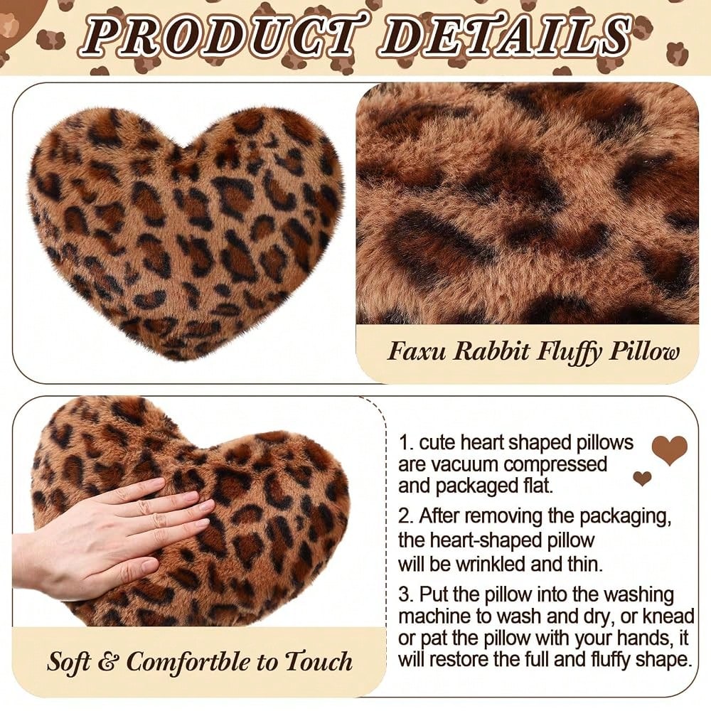 2 Pack Leopard Throw Pillows, Small Heart Shaped Wedding Decor| Cheetah Print Pillows, Faux Rabbit Fur, Anniversary Use, Vintage Room Gift & Decoration, 13 X 10 Inch