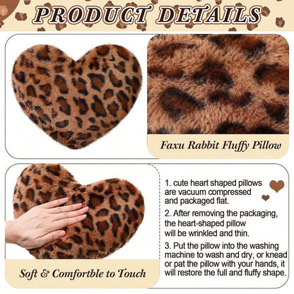 2 Pack Leopard Throw Pillows, Small Heart Shaped Wedding Decor| Cheetah Print Pillows, Faux Rabbit Fur, Anniversary Use, Vintage Room Gift & Decoration, 13 X 10 Inch