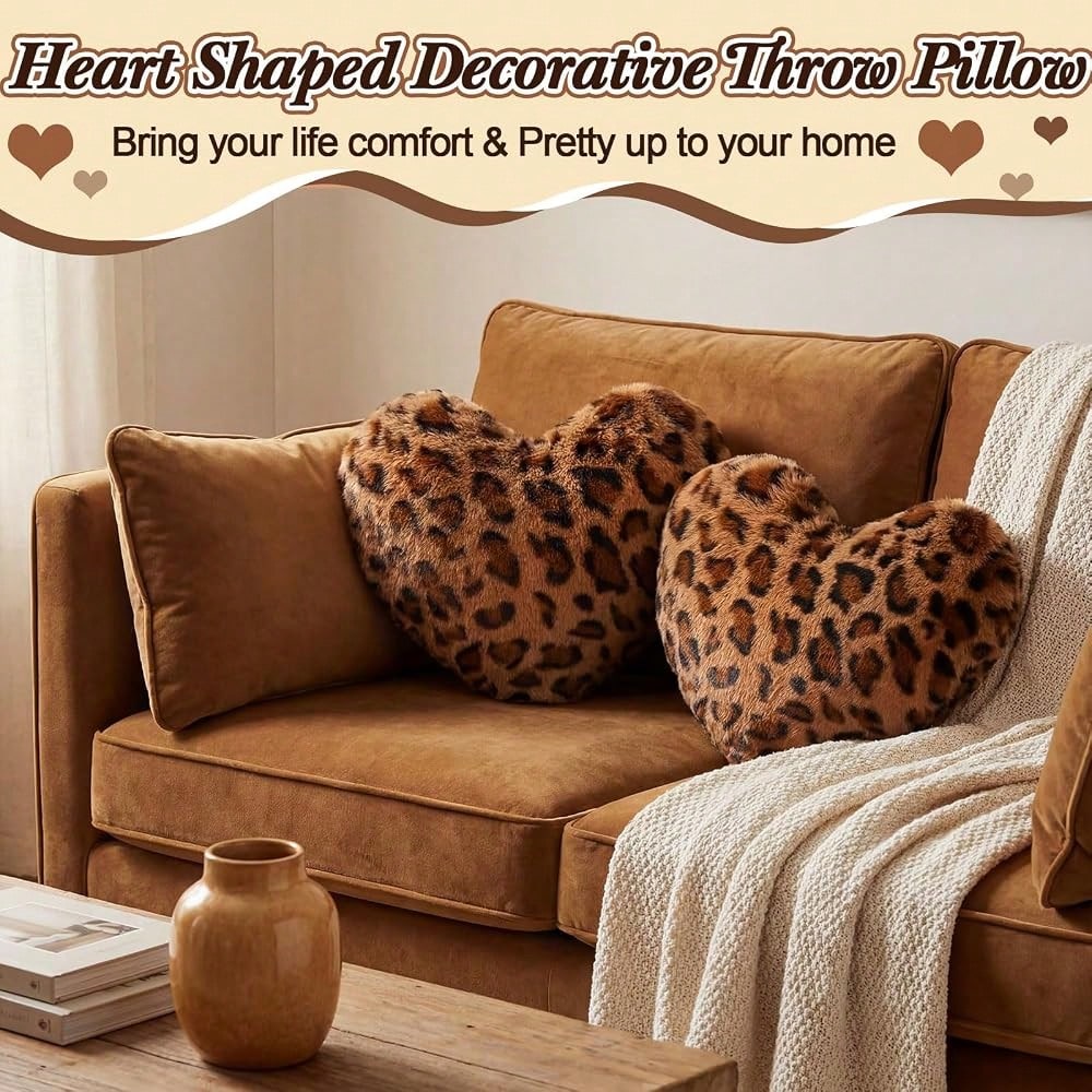 2 Pack Leopard Throw Pillows, Small Heart Shaped Wedding Decor| Cheetah Print Pillows, Faux Rabbit Fur, Anniversary Use, Vintage Room Gift & Decoration, 13 X 10 Inch