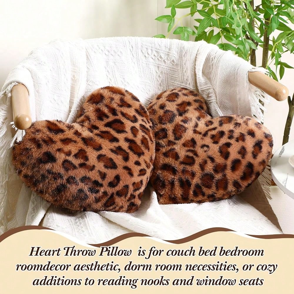 2 Pack Leopard Throw Pillows, Small Heart Shaped Wedding Decor| Cheetah Print Pillows, Faux Rabbit Fur, Anniversary Use, Vintage Room Gift & Decoration, 13 X 10 Inch