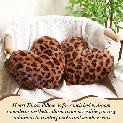 2 Pack Leopard Throw Pillows, Small Heart Shaped Wedding Decor| Cheetah Print Pillows, Faux Rabbit Fur, Anniversary Use, Vintage Room Gift & Decoration, 13 X 10 Inch