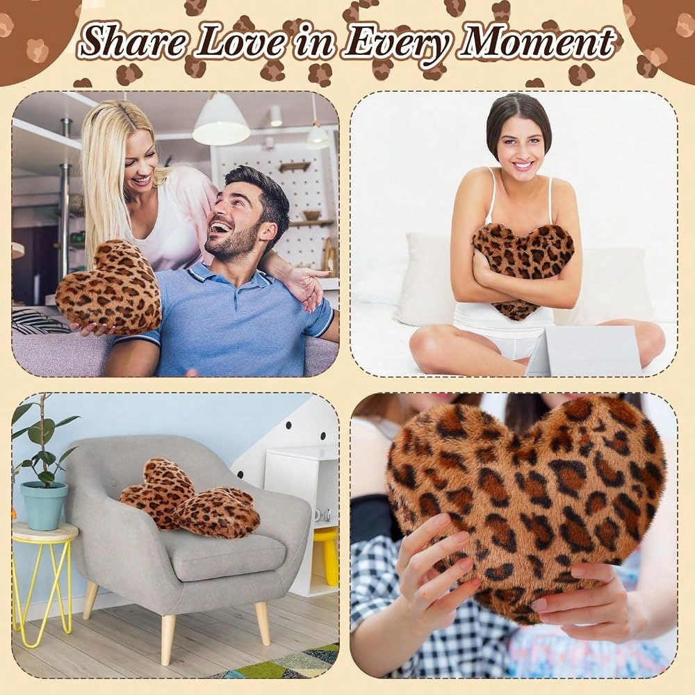 2 Pack Leopard Throw Pillows, Small Heart Shaped Wedding Decor| Cheetah Print Pillows, Faux Rabbit Fur, Anniversary Use, Vintage Room Gift & Decoration, 13 X 10 Inch