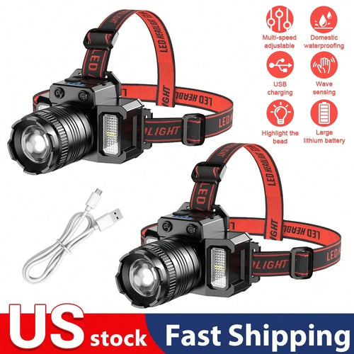 2 PACK New Retractable Zoom Induction Headlight COB Side Light Strong Head Light Outdoor Night Fishing Camping Headlight USB Charging Portable Headlight Fishing Camping Light Walking Hands-Free Flashl
