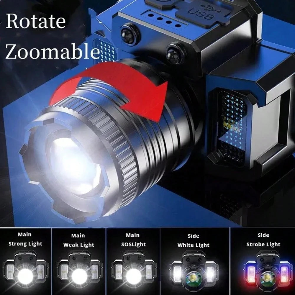 2 PACK New Retractable Zoom Induction Headlight COB Side Light Strong Head Light Outdoor Night Fishing Camping Headlight USB Charging Portable Headlight Fishing Camping Light Walking Hands-Free Flashl