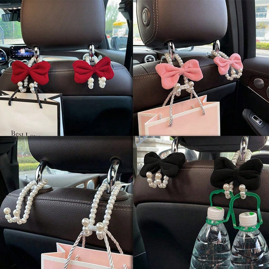 2 Packs Car Hooks For Purses And Bags Cute Bow Elegant Pearl Car Seat Back Storage Hook Purse Holder Hangers Convenient Headrest Hooks Car Decor Access