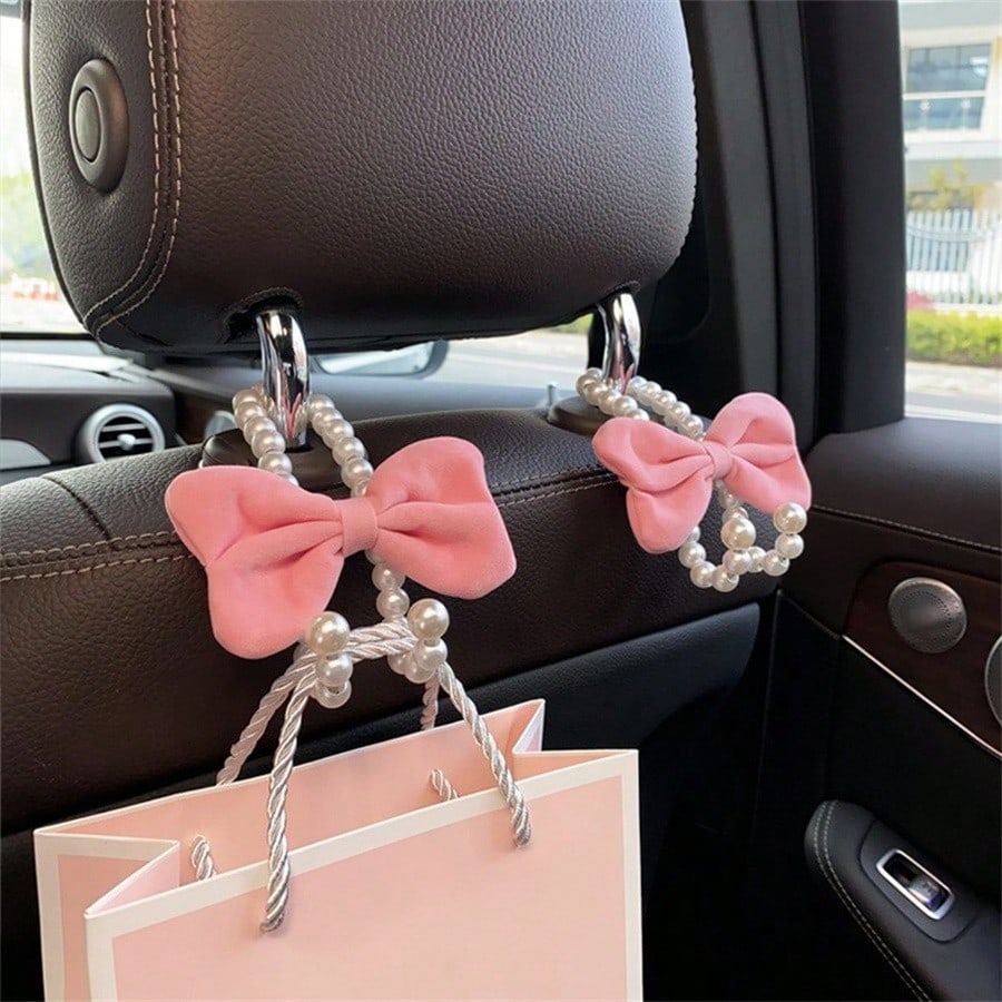 2 Packs Car Hooks For Purses And Bags Cute Bow Elegant Pearl Car Seat Back Storage Hook Purse Holder Hangers Convenient Headrest Hooks Car Decor Access