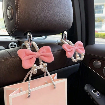 2 Packs Car Hooks For Purses And Bags Cute Bow Elegant Pearl Car Seat Back Storage Hook Purse Holder Hangers Convenient Headrest Hooks Car Decor Access