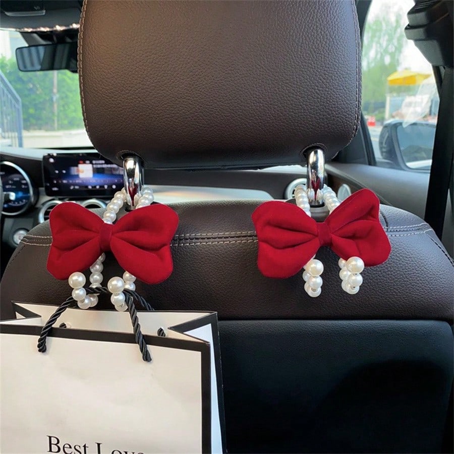 2 Packs Car Hooks For Purses And Bags Cute Bow Elegant Pearl Car Seat Back Storage Hook Purse Holder Hangers Convenient Headrest Hooks Car Decor Access