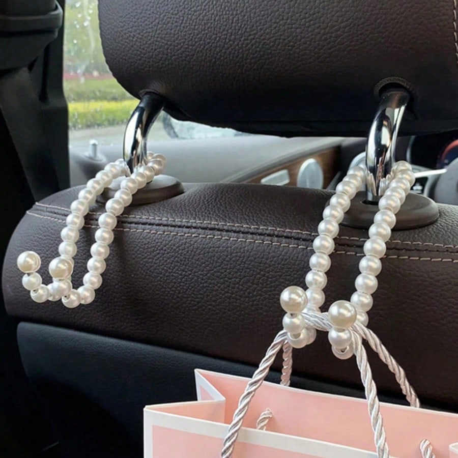 2 Packs Car Hooks For Purses And Bags Cute Bow Elegant Pearl Car Seat Back Storage Hook Purse Holder Hangers Convenient Headrest Hooks Car Decor Access