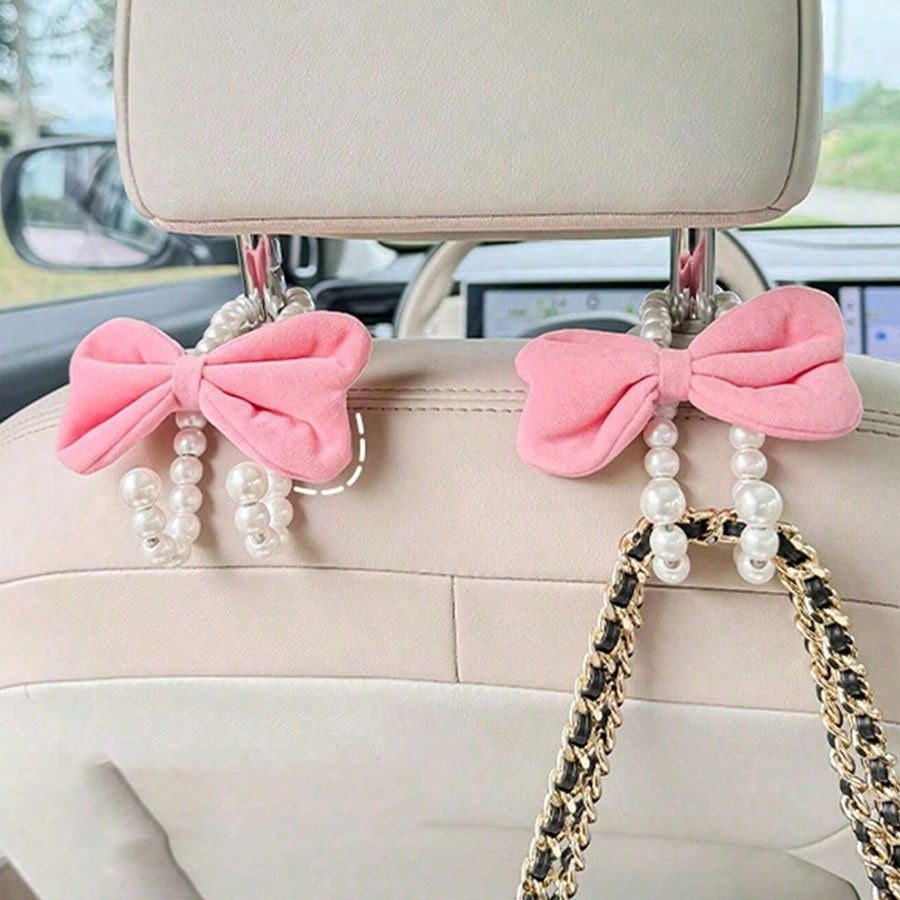 2 Packs Car Hooks For Purses And Bags Cute Bow Elegant Pearl Car Seat Back Storage Hook Purse Holder Hangers Convenient Headrest Hooks Car Decor Access