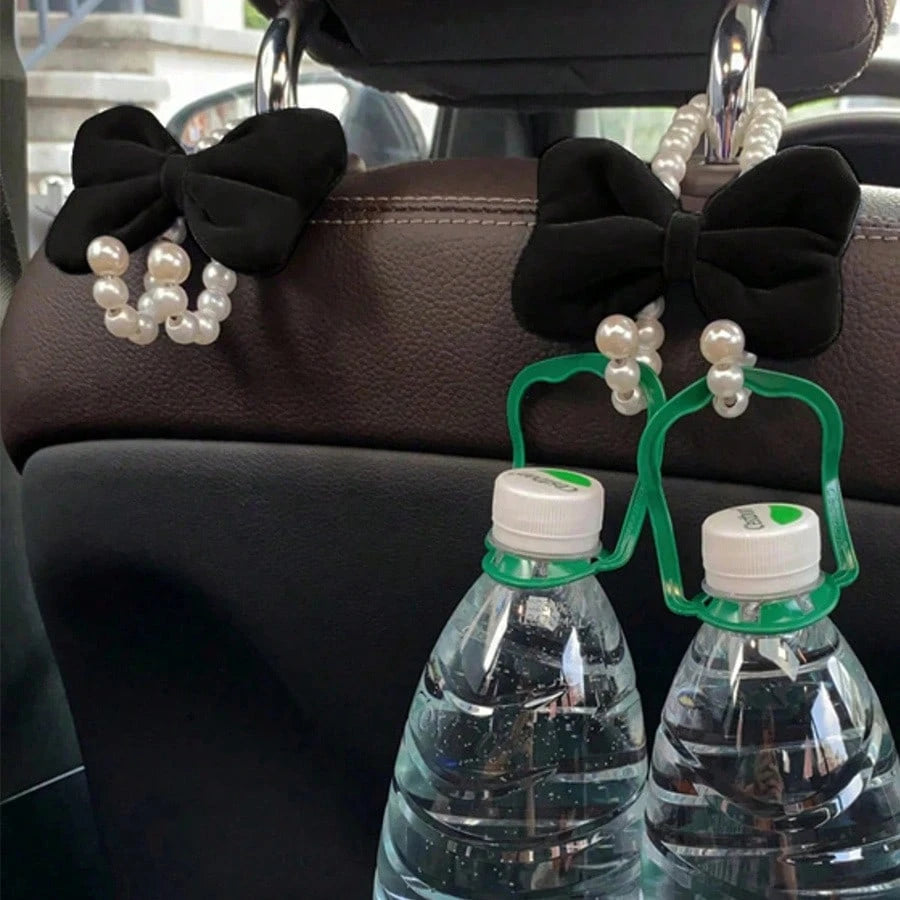 2 Packs Car Hooks For Purses And Bags Cute Bow Elegant Pearl Car Seat Back Storage Hook Purse Holder Hangers Convenient Headrest Hooks Car Decor Access