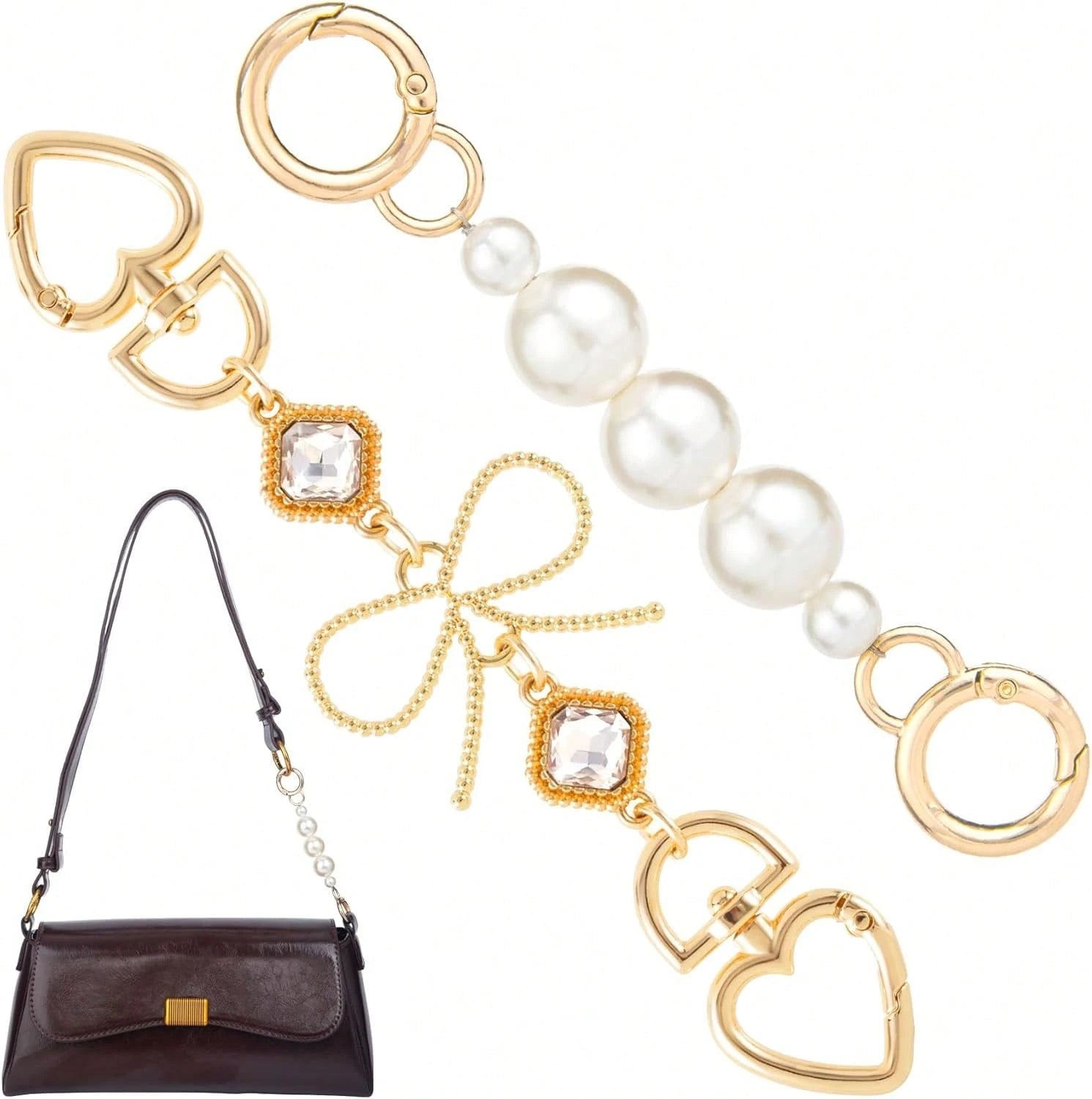 2 Pcs Gold Bow Bag Extender Chain Metal Pearl Purse Strap Replacement Bow Pattern Wallet Extender Chain Decoration For Purses Bags Wallet Fashion Acce