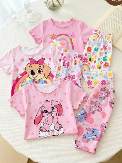 2-Piece Newborn Baby Kids Casual Homewear,Pink,Summer,Cute,Family Matching Cartoon Bunny Graphic Short Sleeve Top & Long Pants Soft Knit Pajama Set