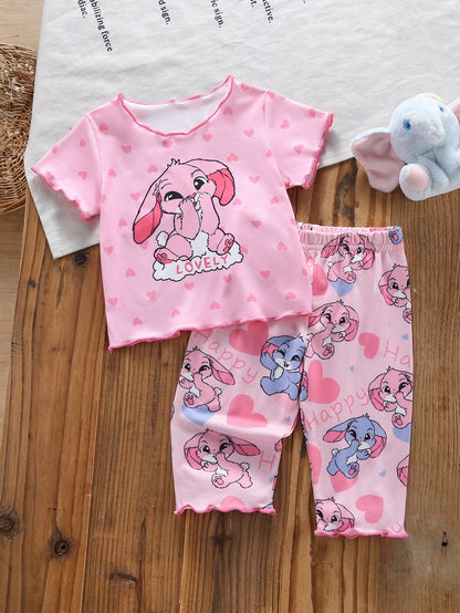 2-Piece Newborn Baby Kids Casual Homewear,Pink,Summer,Cute,Family Matching Cartoon Bunny Graphic Short Sleeve Top & Long Pants Soft Knit Pajama Set