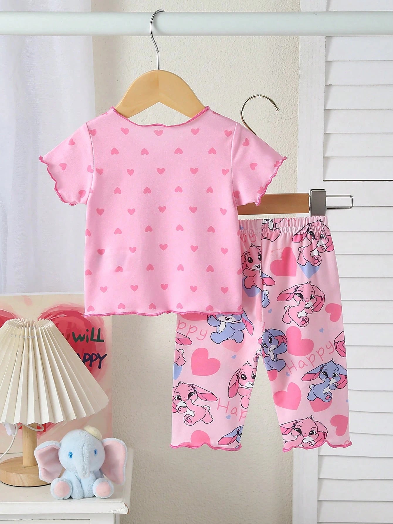 2-Piece Newborn Baby Kids Casual Homewear,Pink,Summer,Cute,Family Matching Cartoon Bunny Graphic Short Sleeve Top & Long Pants Soft Knit Pajama Set