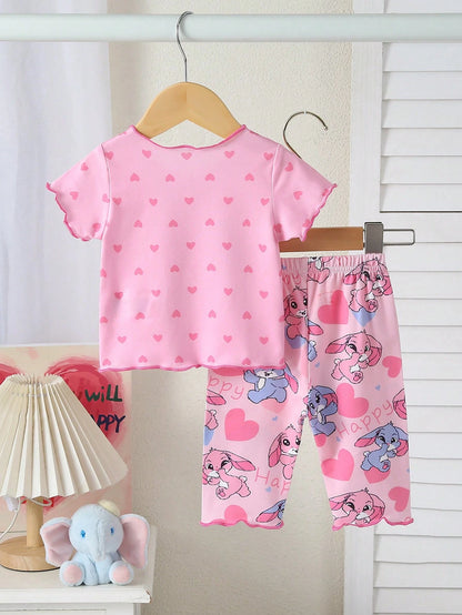 2-Piece Newborn Baby Kids Casual Homewear,Pink,Summer,Cute,Family Matching Cartoon Bunny Graphic Short Sleeve Top & Long Pants Soft Knit Pajama Set