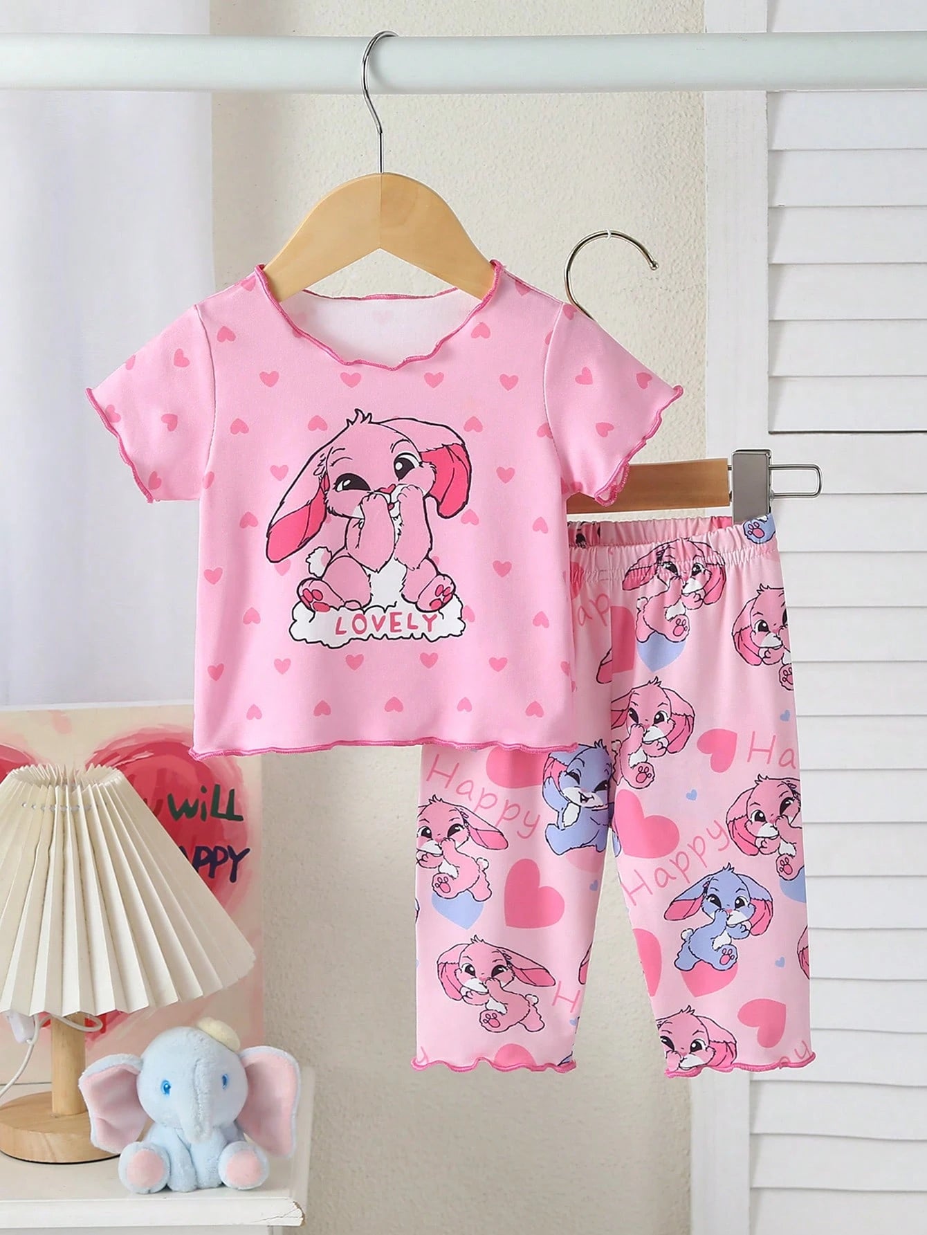 2-Piece Newborn Baby Kids Casual Homewear,Pink,Summer,Cute,Family Matching Cartoon Bunny Graphic Short Sleeve Top & Long Pants Soft Knit Pajama Set