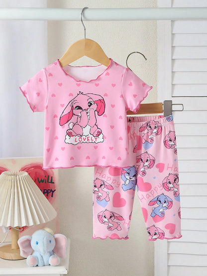 2-Piece Newborn Baby Kids Casual Homewear,Pink,Summer,Cute,Family Matching Cartoon Bunny Graphic Short Sleeve Top & Long Pants Soft Knit Pajama Set