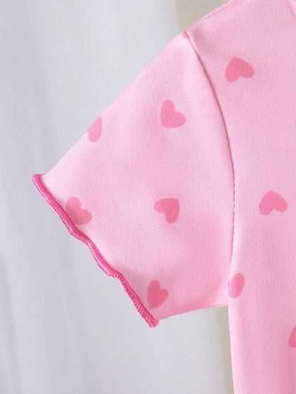 2-Piece Newborn Baby Kids Casual Homewear,Pink,Summer,Cute,Family Matching Cartoon Bunny Graphic Short Sleeve Top & Long Pants Soft Knit Pajama Set