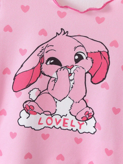 2-Piece Newborn Baby Kids Casual Homewear,Pink,Summer,Cute,Family Matching Cartoon Bunny Graphic Short Sleeve Top & Long Pants Soft Knit Pajama Set