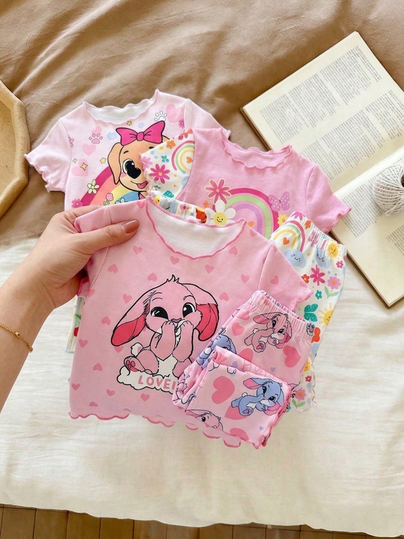 2-Piece Newborn Baby Kids Casual Homewear,Pink,Summer,Cute,Family Matching Cartoon Bunny Graphic Short Sleeve Top & Long Pants Soft Knit Pajama Set