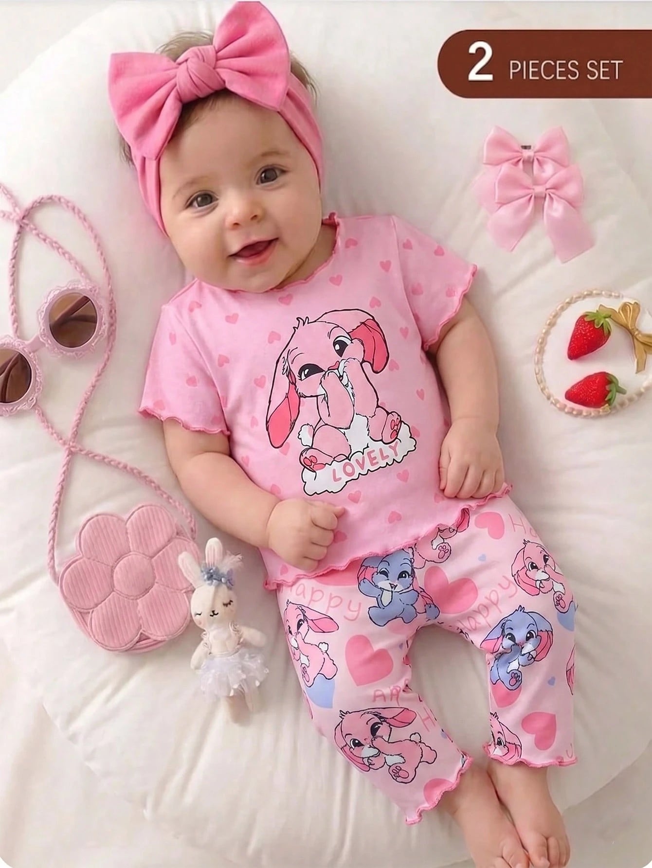 2-Piece Newborn Baby Kids Casual Homewear,Pink,Summer,Cute,Family Matching Cartoon Bunny Graphic Short Sleeve Top & Long Pants Soft Knit Pajama Set