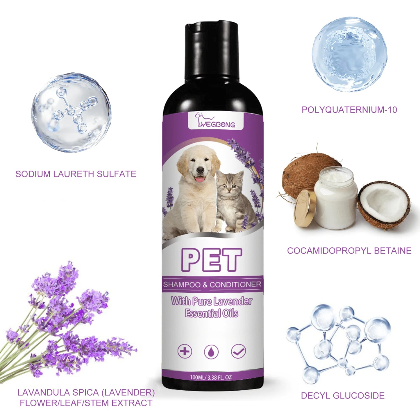 2-Piece Pack- Pure Lavender Essential Oil Pet Shampoo- Has The Functions Of Cleaning, Moisturizing And Adding Fragrance. Does Not Contain Irritating Ingredients. This Is A Pet-Friendly Shampoo Speci
