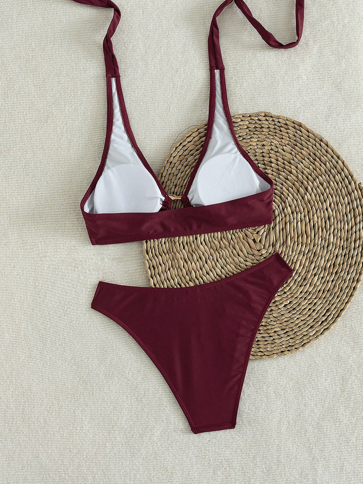 2-Piece Solid Color Women's Bikini Set, High-Waisted Bikini Swimwear For Beach Vacation Summer