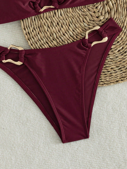 2-Piece Solid Color Women's Bikini Set, High-Waisted Bikini Swimwear For Beach Vacation Summer