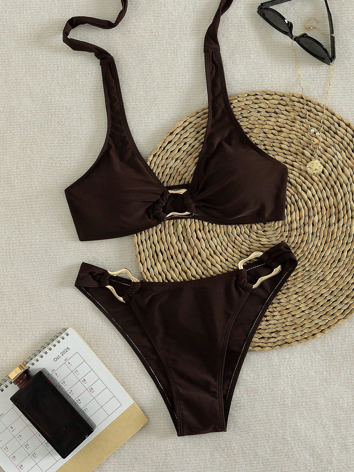2-Piece Solid Color Women's Bikini Set, High-Waisted Bikini Swimwear For Beach Vacation Summer