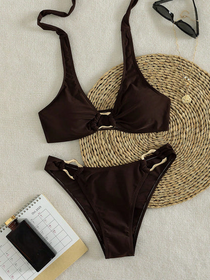 2-Piece Solid Color Women's Bikini Set, High-Waisted Bikini Swimwear For Beach Vacation Summer