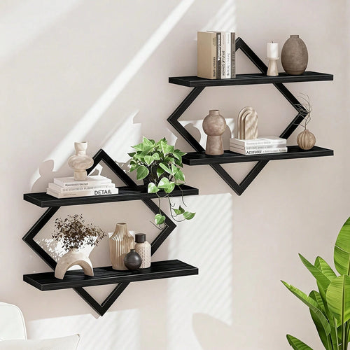 2-Piece Wooden Diamond Floating Shelves, Wall Mounted Space-Saving Anti-Wobble Organizer For Living Room/Bedroom