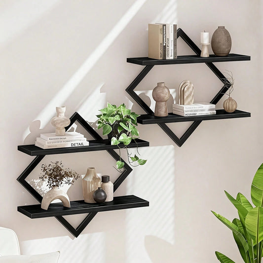 2-Piece Wooden Diamond Floating Shelves, Wall Mounted Space-Saving Anti-Wobble Organizer For Living Room/Bedroom