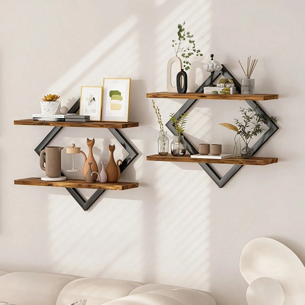 2-Piece Wooden Diamond Floating Shelves, Wall Mounted Space-Saving Anti-Wobble Organizer For Living Room/Bedroom