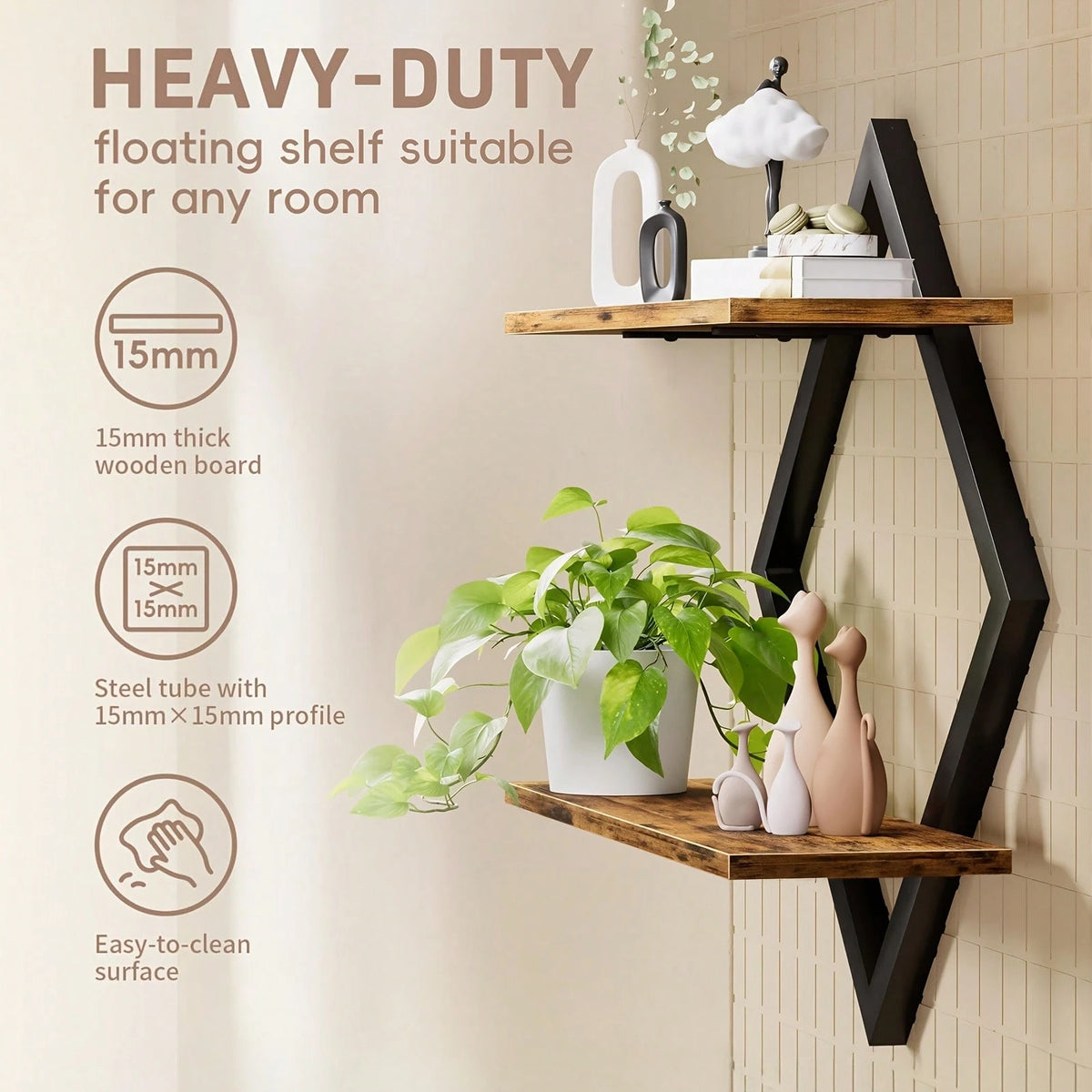 2-Piece Wooden Diamond Floating Shelves, Wall Mounted Space-Saving Anti-Wobble Organizer For Living Room/Bedroom