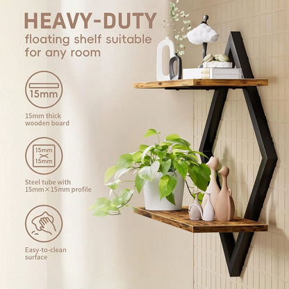 2-Piece Wooden Diamond Floating Shelves, Wall Mounted Space-Saving Anti-Wobble Organizer For Living Room/Bedroom
