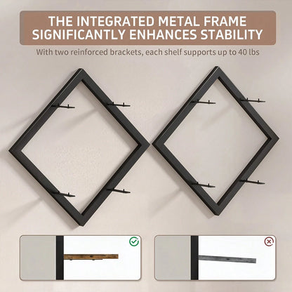 2-Piece Wooden Diamond Floating Shelves, Wall Mounted Space-Saving Anti-Wobble Organizer For Living Room/Bedroom
