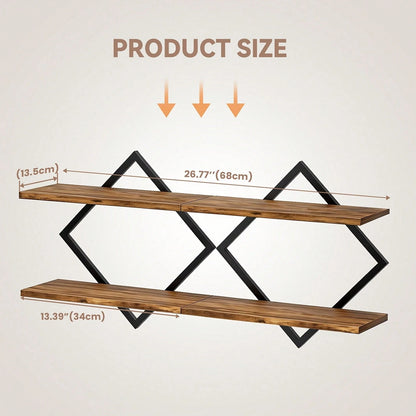 2-Piece Wooden Diamond Floating Shelves, Wall Mounted Space-Saving Anti-Wobble Organizer For Living Room/Bedroom