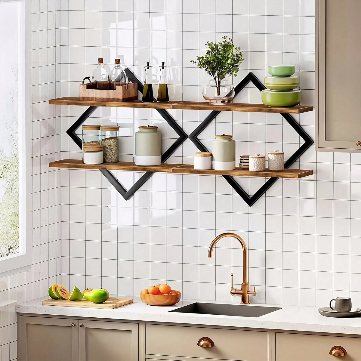 2-Piece Wooden Diamond Floating Shelves, Wall Mounted Space-Saving Anti-Wobble Organizer For Living Room/Bedroom