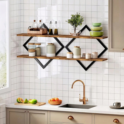 2-Piece Wooden Diamond Floating Shelves, Wall Mounted Space-Saving Anti-Wobble Organizer For Living Room/Bedroom