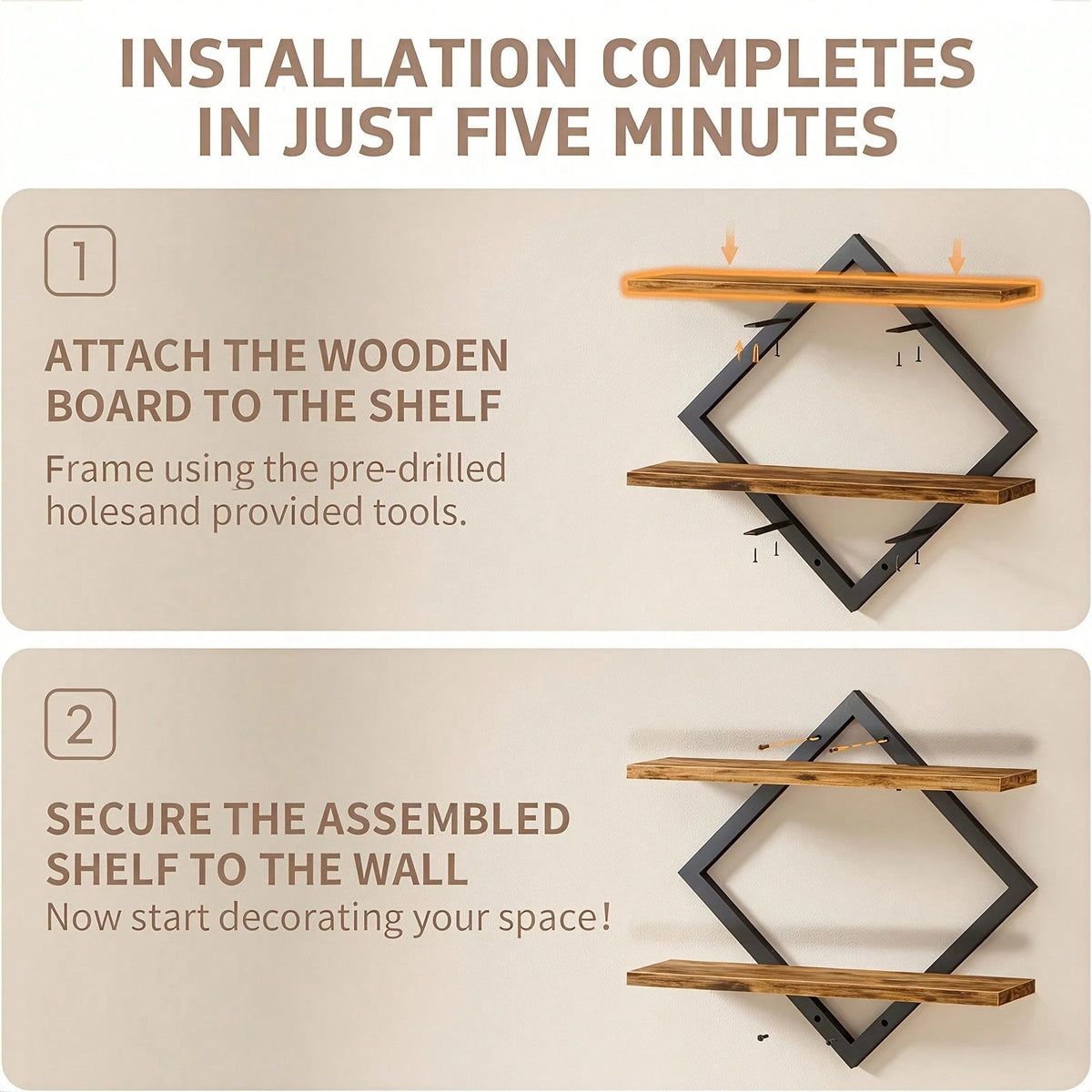 2-Piece Wooden Diamond Floating Shelves, Wall Mounted Space-Saving Anti-Wobble Organizer For Living Room/Bedroom