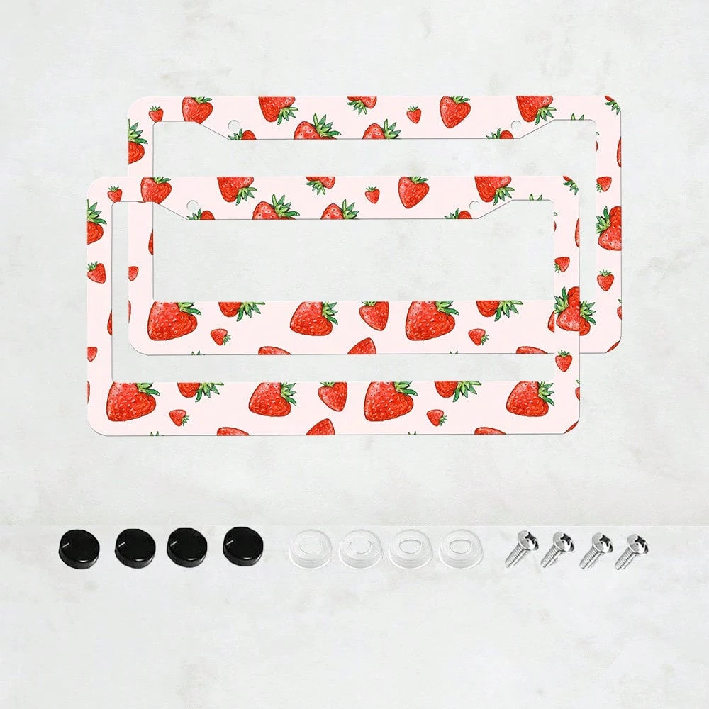 2 Pieces Of Strawberry-Patterned Aluminum License Plate Frames, Well-Fitting, Weather-Resistant And Rust-Proof Car Accessories, Strawberry Car Accessories